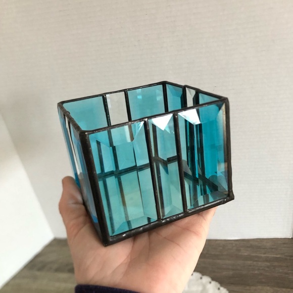 Handmade Teal Stained Glass Square Candle Holder - Picture 10 of 11